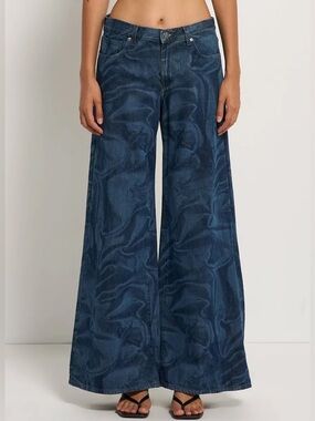 VIAVIA Low + Baggy Jeans Indigo Mercury Printed Italian Denim Wide Leg Size 25